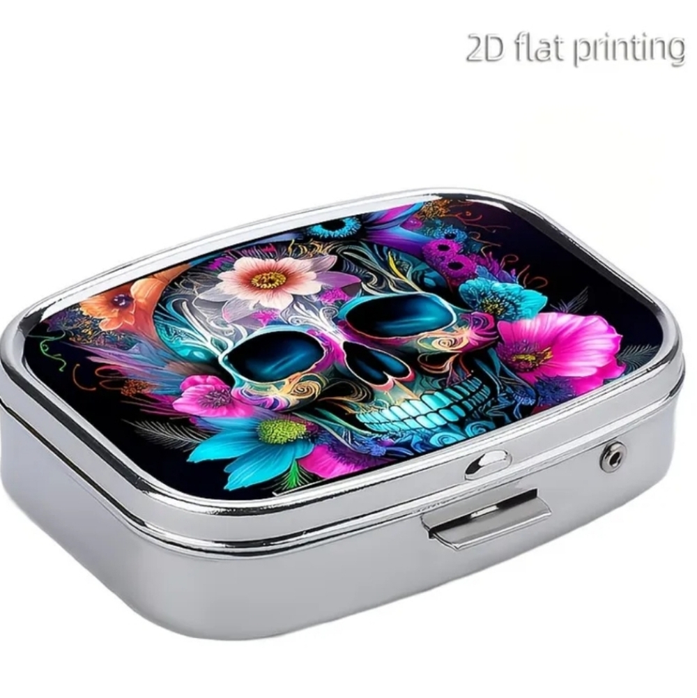 🆕️💊☠️SUGAR SKULL PORTABLE METAL PILL BOX ORGANIZER WITH MIRROR☠️💊 - Picture 4 of 13